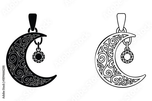Crescent moon pendants with hanging gemstone charms and intricate swirling patterns