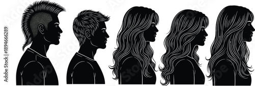 hairstyle, silhouette, people, profile, hair, fashion, woman, man, portrait, style, beauty, salon, vector, illustration, design, head, modern, trendy, collection, character, black, graphic