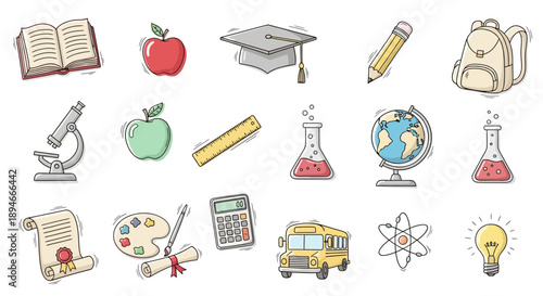 Collection of educational and school supplies icons.