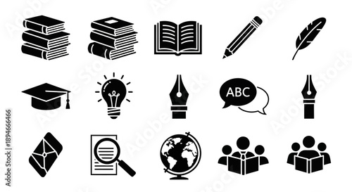Collection of educational and writing icons in black and white.