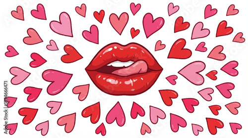red lips surrounded by pink and red hearts on white background