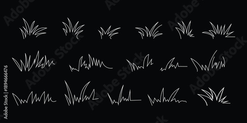Grass linear icon, meadow and flower doodle outline design, bush tuft, small lawn, green sketch plant isolated on white background. Thicket hand drawn border. Floral scribble set. Vector illustration 