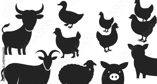 farm animal silhouette set, cow goat sheep pig chicken duck icons, agriculture livestock black white vector collection isolated bundle pack