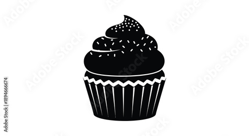 A detailed black silhouette of a frosted cupcake with sprinkles presented against a stark white background silhouette