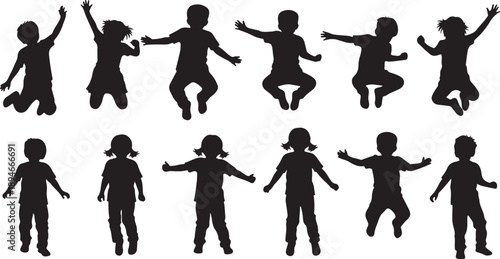 Silhouettes of happy children jumping and playing together outside