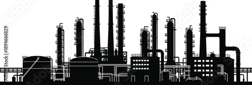 Industrial oil refinery plant silhouette vector illustration petrochemical factory pipeline towers energy production industry skyline black white engineering complex infrastructure design