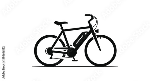 A stark black outline portrays a modern electric bicycle with a battery presented as a silhouette high quality
