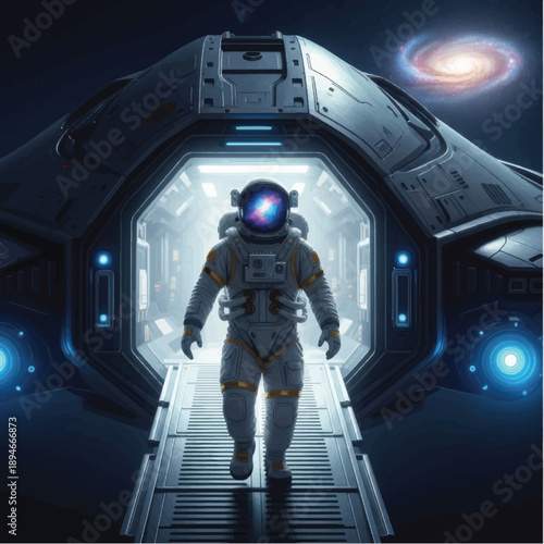 Astronaut in Space Suit Walking Through Airlock.