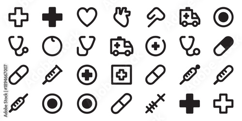 Hospital emergency service icons with circular pill medicine and thermometer symbols for interface