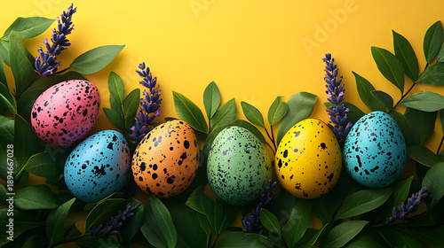 Colorful eggs are arranged on yellow background with flowers and leaves during spring season for Easter celebration