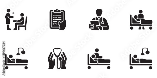 Medical examination and patient care silhouette icons including clipboard and hands with stethoscope
