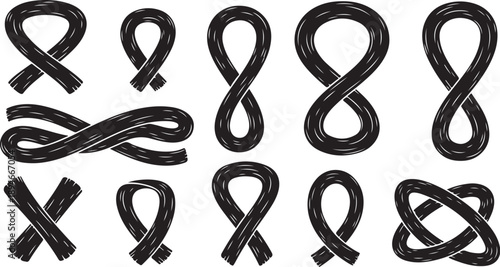 Various black rubber bands in different shapes and forms
