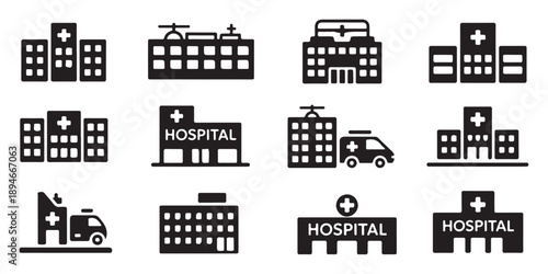Hospital buildings icons set illustration isolated on white background for web design