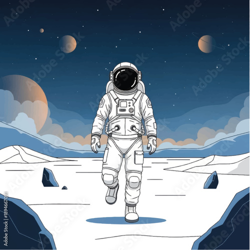 Astronaut in White Space Suit on Planet Surface.