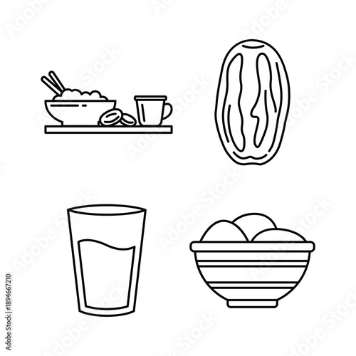Ramadan iftar and food line art icon set