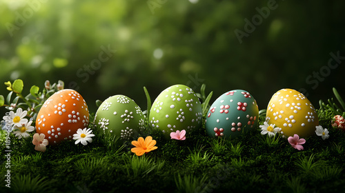 Colorful Easter eggs arranged on green grass with flowers during spring season in a garden setting