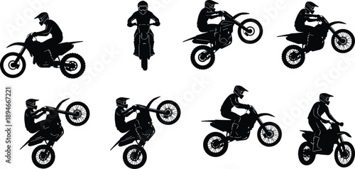 Motocross dirt bike rider silhouettes vector illustration motorcycle stunt racing offroad extreme sport action black white collection set design