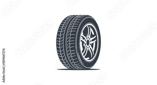 A detailed illustration of a car tire with a prominent tread pattern and wheel rendered as a silhouette