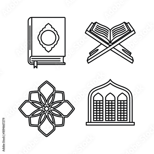 Islamic Ramadan spiritual icons line art set