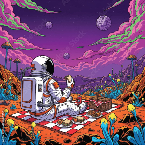 Astronaut Sitting on Alien Planet Surface Eating.