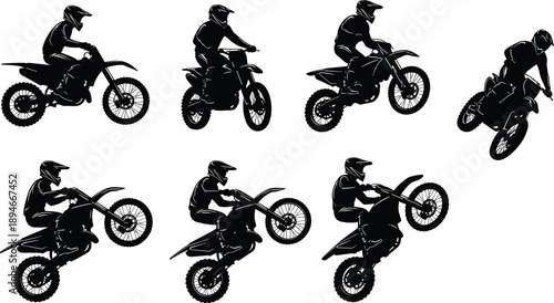 Motocross dirt bike rider silhouettes vector illustration motorcycle stunt racing offroad extreme sport action black white collection design set