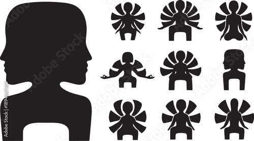 Silhouette of a woman with multiple dancing figures around her