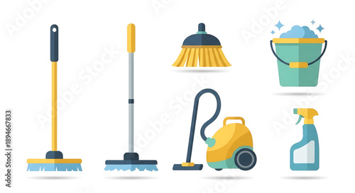 Collection of cleaning supplies, including a broom, mop, vacuum cleaner, bucket, and spray bottle for household chores