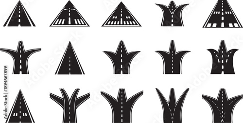 Roadway Lane Dividers and Highway Lane Markings Icons Set