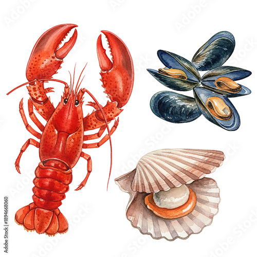 Red Lobster Blue Mussels and Scallop in a Shell Fresh Ocean Seafood Delicacy Watercolor Illustration