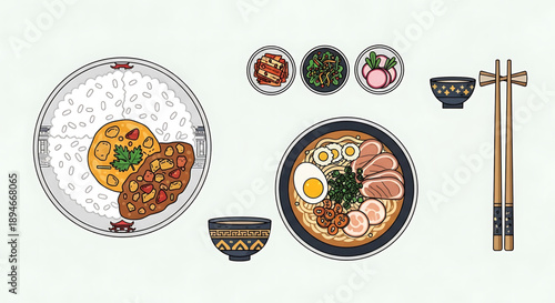 Diverse Japanese Cuisine Assortment Featuring Rice, Ramen, and Appetizers with Chopsticks