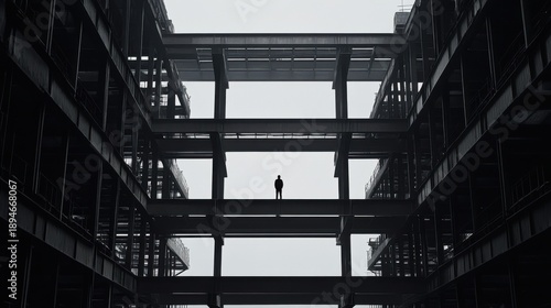 Worker Silhouetted Amidst Stark Steel Construction Framework