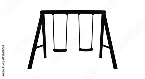 A simple black and white image depicts a wooden swing set with three swings a classic outdoor scene silhouette