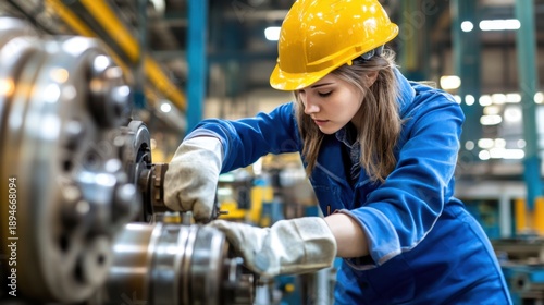 Young female apprentice inspecting machinery in factory