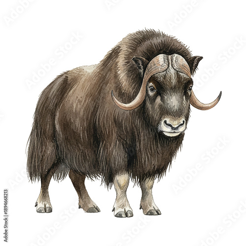 Musk Ox Standing Still Looking Forward with Shaggy Brown Fur and Majestic Curved Horns Watercolor Illustration