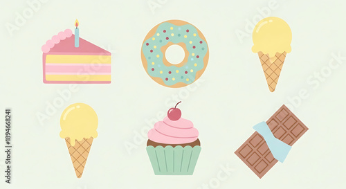 A delightful collection of sweet treats, featuring a slice of cake, a frosted donut, ice cream cones, a cupcake, and a chocolate bar, perfect for celebratory or indulgent occasions