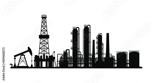 A stark black silhouette depicts an oil field and refinery complex against a bright undefined background silhouette