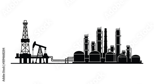 An industrial landscape featuring oil rigs refinery towers and processing structures in a stark silhouette high quality professional