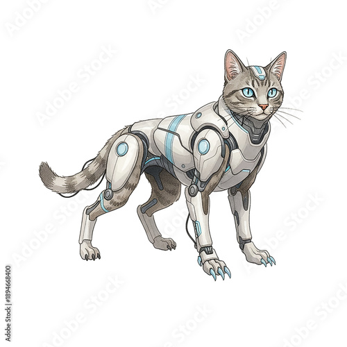 Cyborg Cat with Robotic Armor and Bright Blue Eyes Standing Alertly Futuristic Animal Illustration