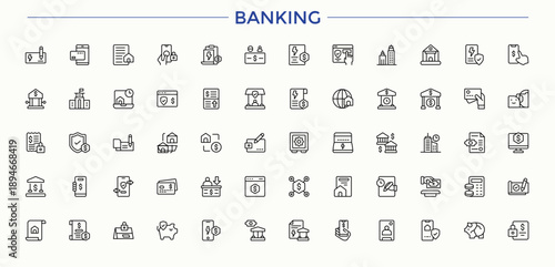 Set of Banking line icon. Contain linear sign accounting, audit, balance, money, credit, tax and more. UI icons set in a thin style. Income icon set. Editable stroke vector art.