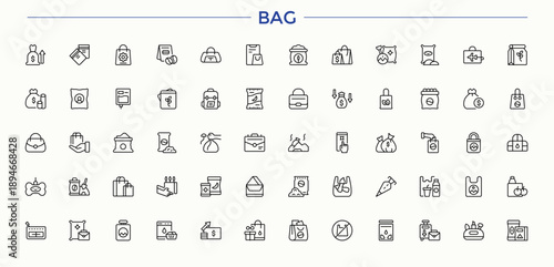 Bag icon set in linear style. Minimal thin line web icons set. Shopping vector line icon set. Contains related to shopping pack, luggage, shop, tote, market and more.