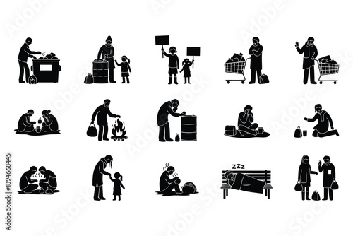 homeless people silhouettes in various situations of poverty and daily life struggles