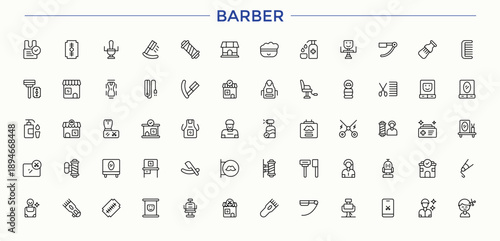 Barber linear icon collection. Minimalist editable vector stroke. Includes symbols for barbershop, salon, haircut, dresser, hairdresser. Editable stroke. Pixel Perfect. Barbershop icon set.