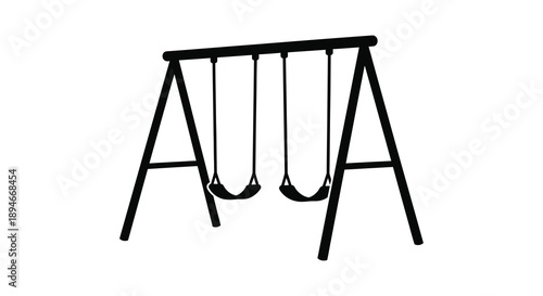 A stark black silhouette of a classic swing set stands prominently against a bright white background silhouette