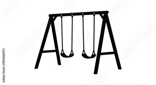 A minimalist depiction of a wooden swing set with two swings hanging presented in stark black silhouette