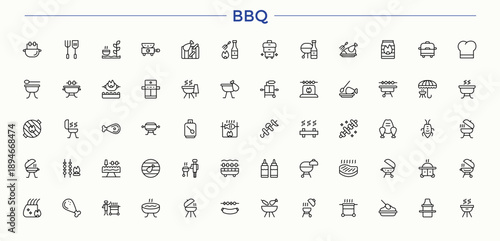 Bbq linear icon set. Web icons pack. Editable vector art. Cook icon set. Contains outline symbols like food, grill and cooking, barbeque, party and more.