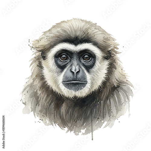 Grey Gibbon Primate Head Portrait in Watercolor with a Neutral Contemplative Expression Looking Forward