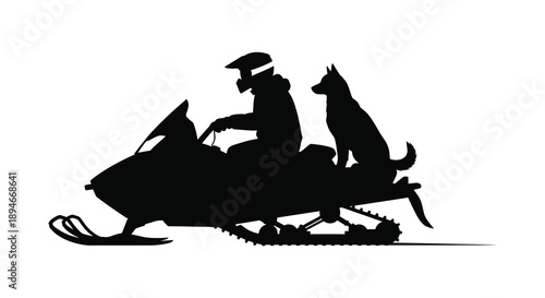 A striking black silhouette depicts a snowmobiler with a canine companion riding across a wintry landscape silhouette