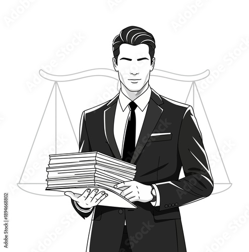 A professional man in a suit holds a stack of papers in front of a scale illustration