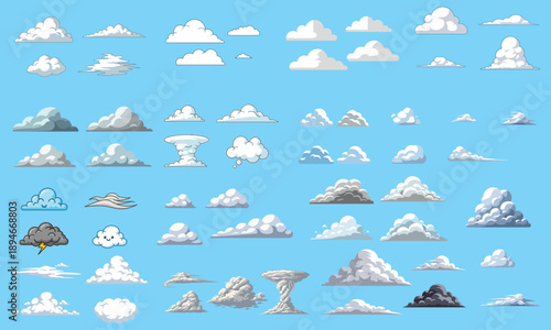 Massive Pixel Art Cloud Sprite Sheet Collection Featuring Various Fluffy White and Dark Storm Clouds for 2D Game design