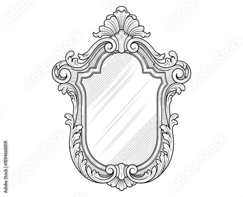 An ornate, vintage-style mirror with intricate carvings and floral patterns, presented in a classic illustration on a clean background from a straightforward viewpoint